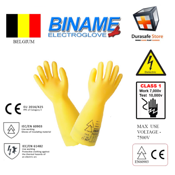 BINAME ELS10 Electro Rubber Insulating Glove Class 1 Work 7500V Test 10000V 360mm Size 9,10 Belgium