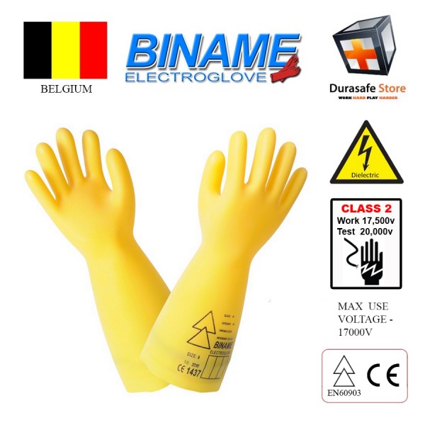 BINAME ELS20 Electro Rubber Insulating Glove Class 2 Work 17,500V Test 20,000V Yellow 360mm Size 9,10 Belgium