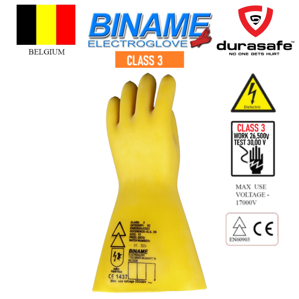 BINAME ELS30 Electro Rubber Insulating Glove Class 3 Work 26,500V Test 30,000V Yellow 360mm Size 9,10, Belgium