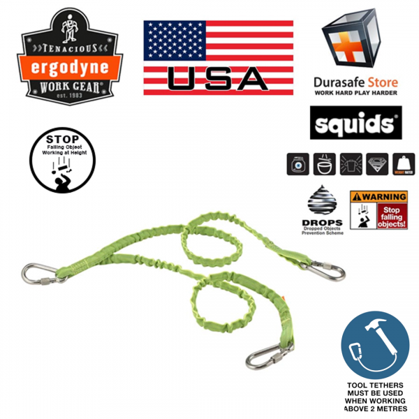 ERGODYNE 3311 Twin Leg Stainless Steel Triple Carabiner drop tools Lanyard Lime