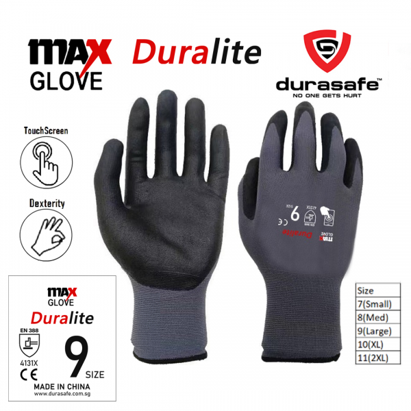 MAXGLOVE DURALITE 9″ Gray PU Nitrile Palm Coated Knitted Nylon Glove