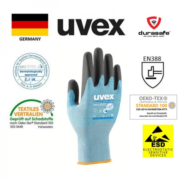 UVEX 60084 Phynomic airLite Level C Cut Resistant ESD Touchscreen 25cm Glove Blue