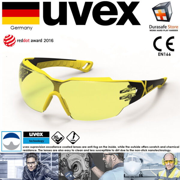 UVEX 9198285 Pheos CX2 Safety Spectacle Yellow Frame Amber Supravision Excellence Len