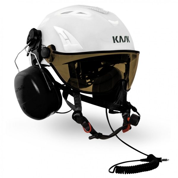 KASK MHE00007 Helitalk Safety Helmet with Silver Mirror Visor – White, Yellow