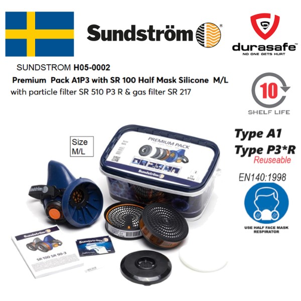 SUNDSTROM H05-0002 Premium Pack A1P3 with SR100 Half Mask Silicone Respirator Size M/L